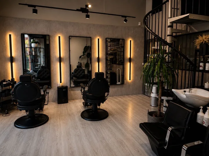 El estudio Runway: sillones negros, espejos con luz cálida y escalera de caracol