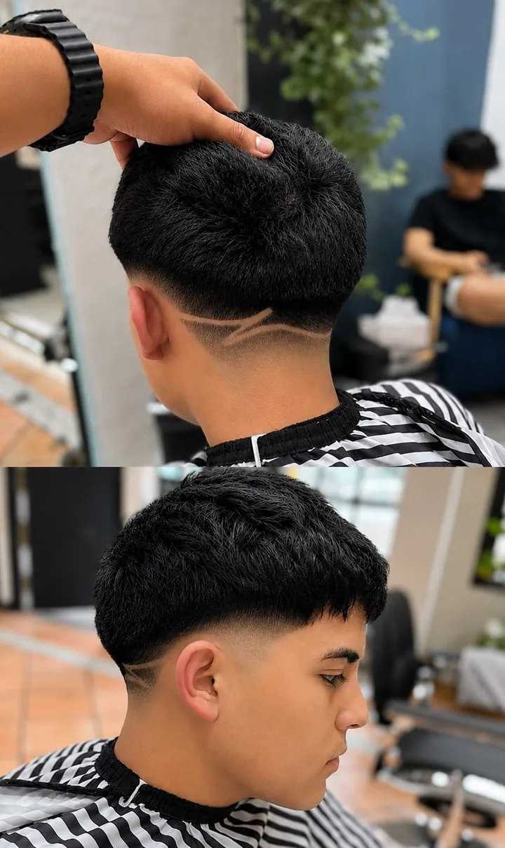Dos ángulos del mismo corte con diseño de líneas en la nuca